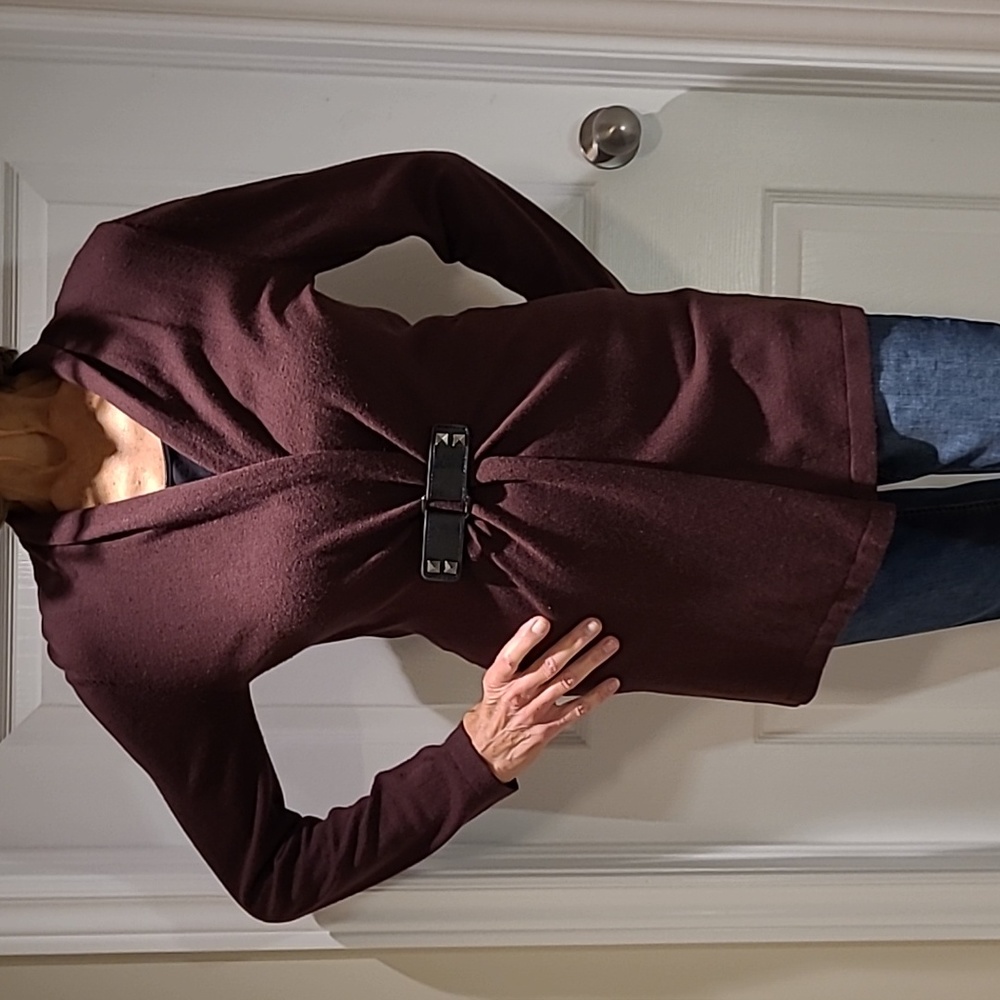 RW&CO long sleeve ladies cardigan in a rich burgundy and trendy buckle. - Picture 1 of 6